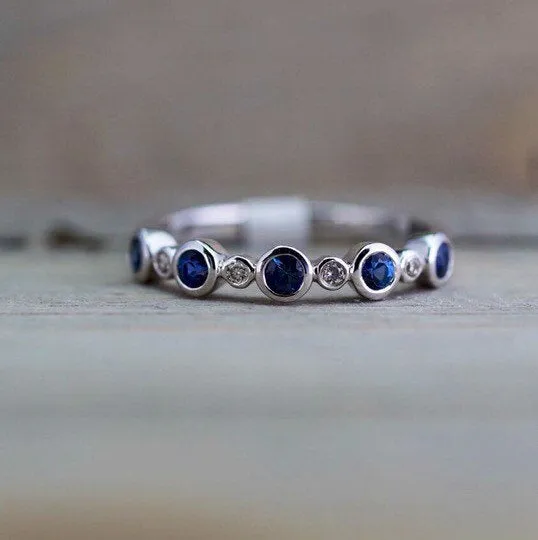 14K White Gold Vintage Classic Multi Side Face Diamond with Sapphire Ring Wedding Engagement Ring Milgrain Etching Band