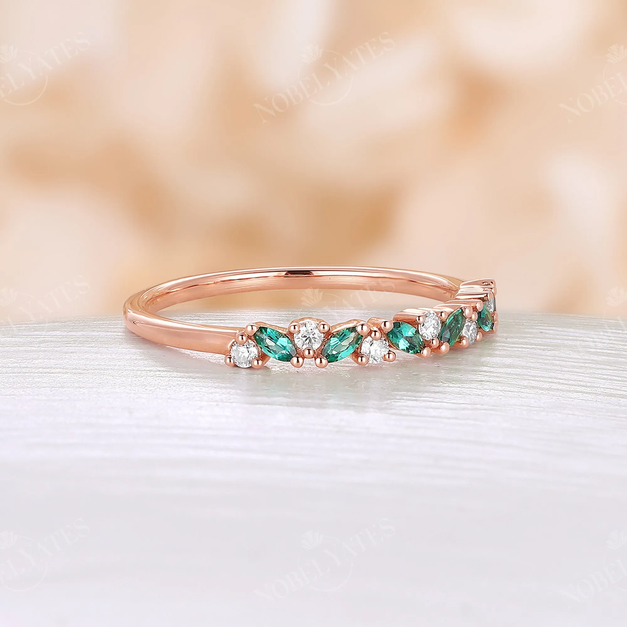 Antique Marquise Cut Lab Emerald Cluster Wedding Band Rose Gold