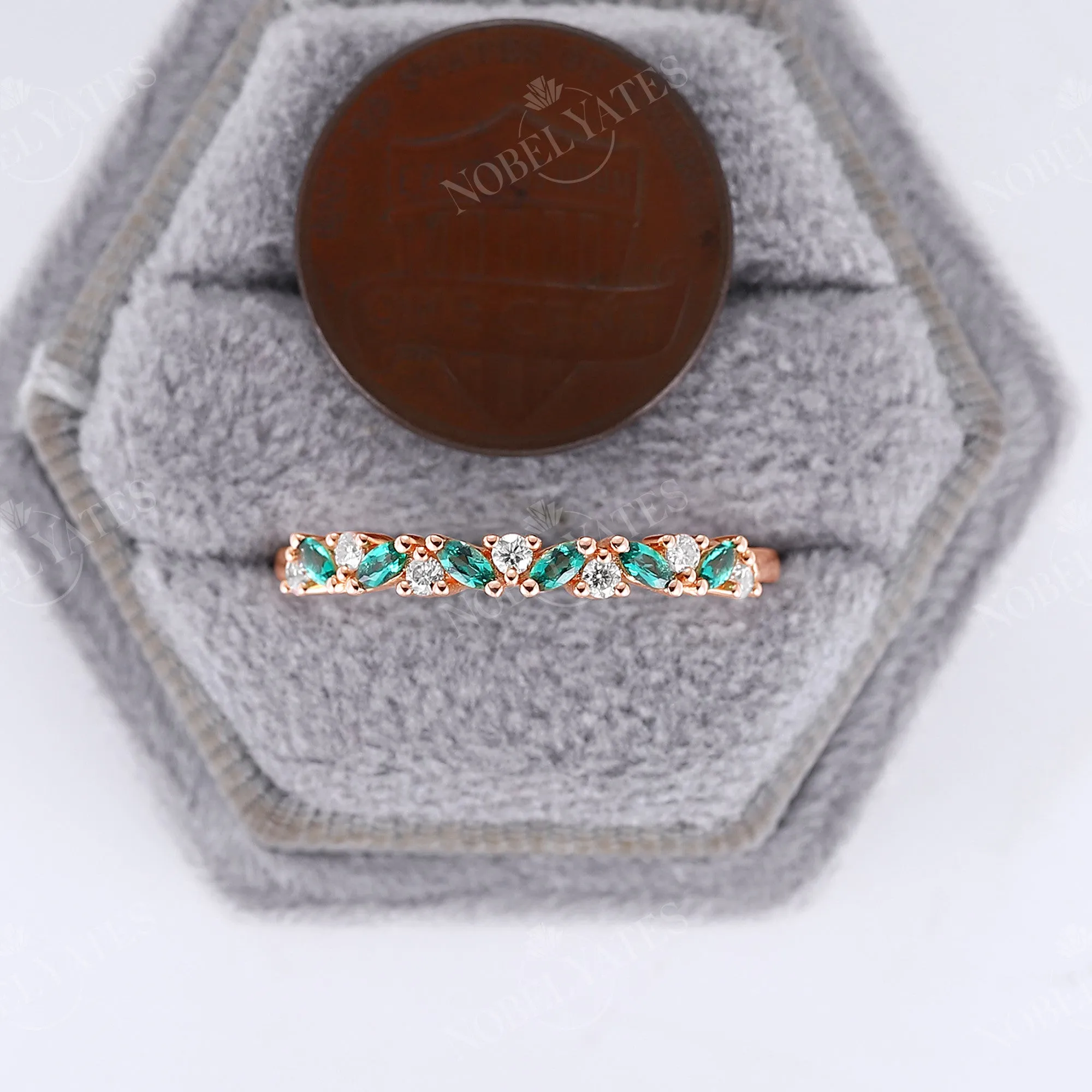 Antique Marquise Cut Lab Emerald Cluster Wedding Band Rose Gold