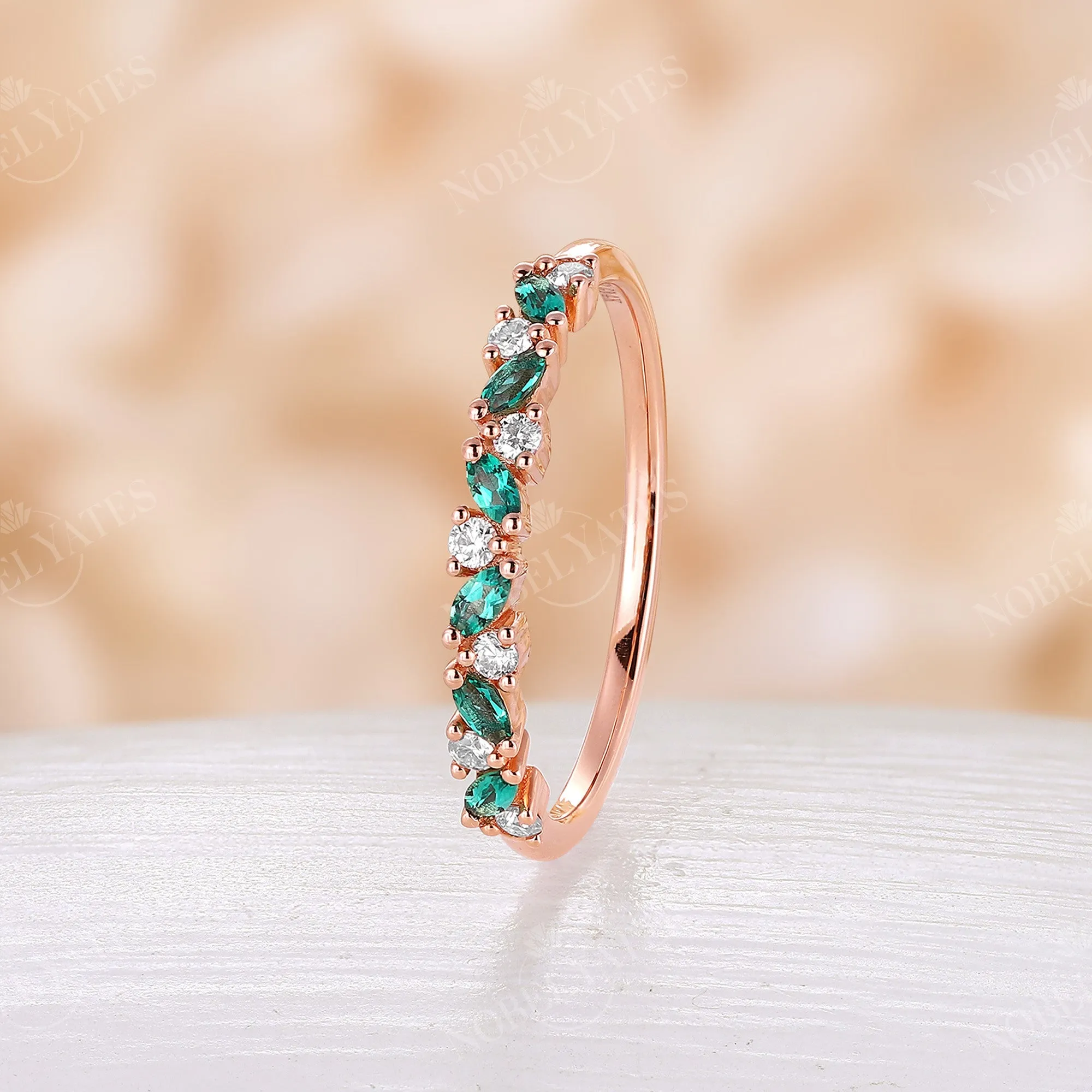 Antique Marquise Cut Lab Emerald Cluster Wedding Band Rose Gold