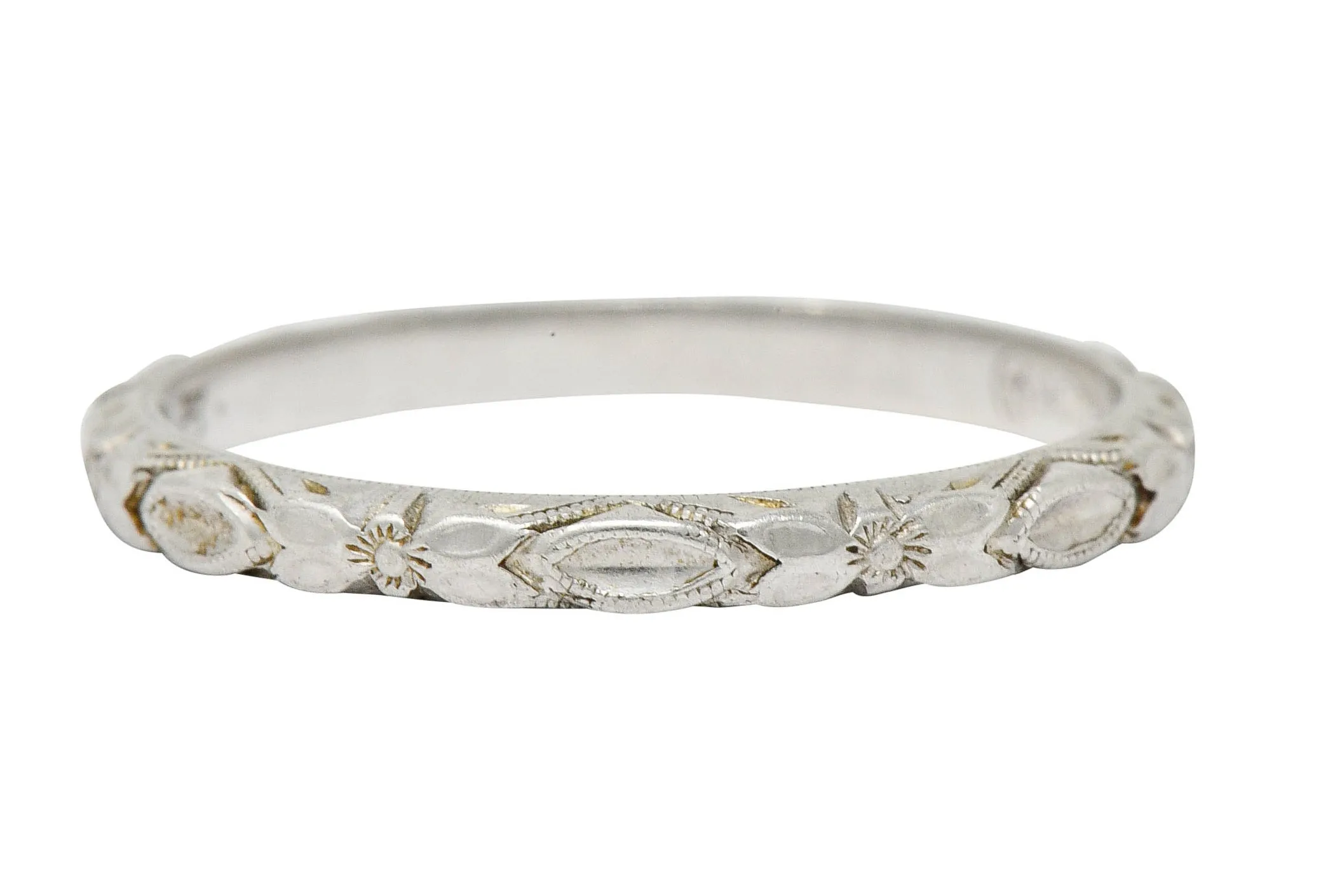 Art Deco Platinum Raised Flower Wedding Band Ring