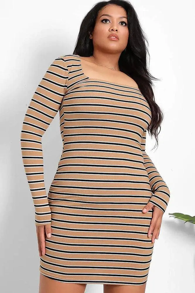 Beige Square Neckline Stripy Dress