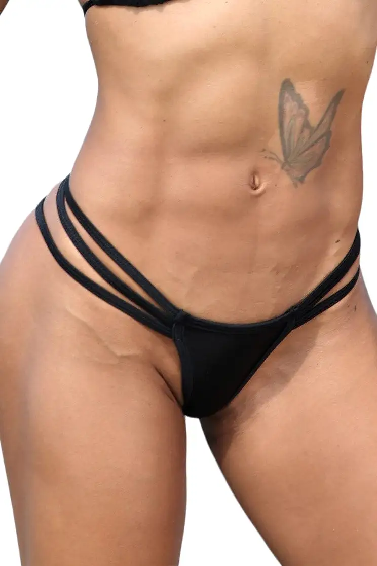 Black Low Rise Triple Band V Thong