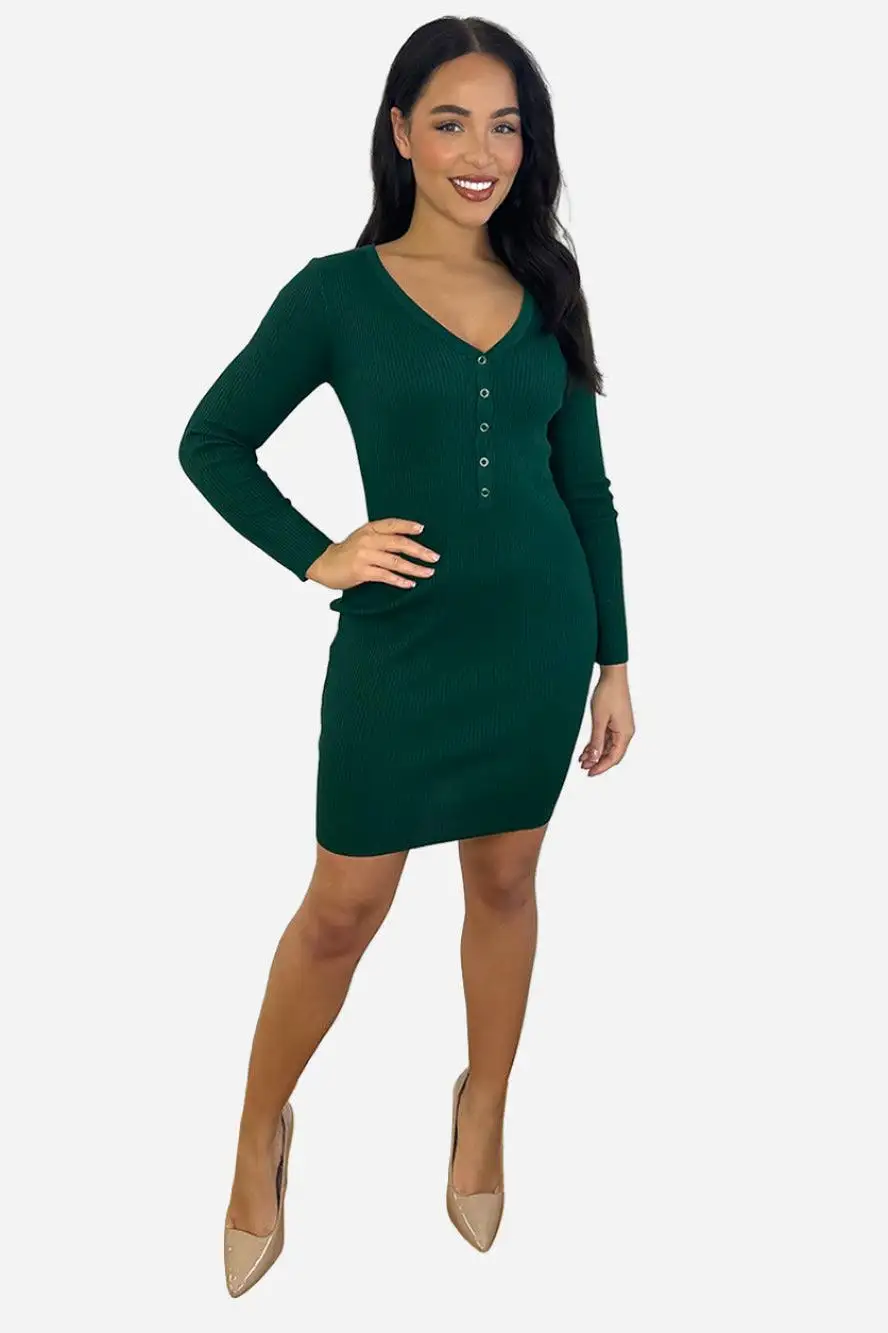 Buttoned Neckline Knitted Mini Dress