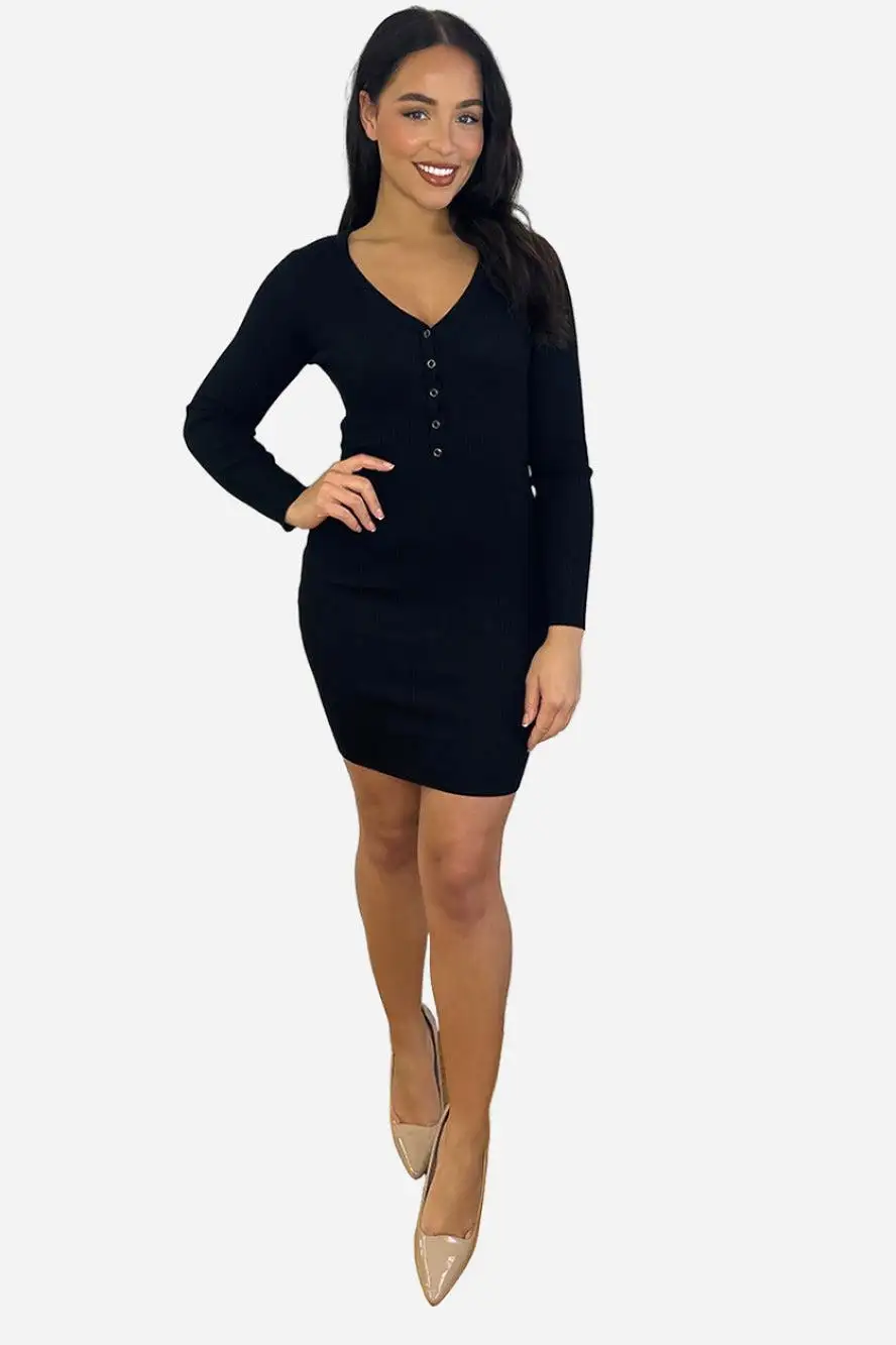 Buttoned Neckline Knitted Mini Dress