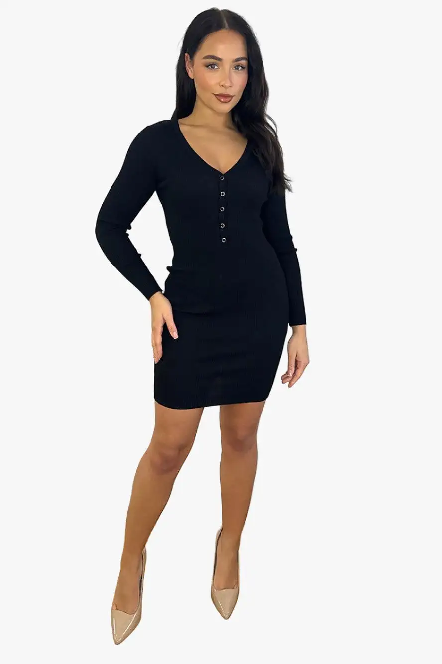 Buttoned Neckline Knitted Mini Dress