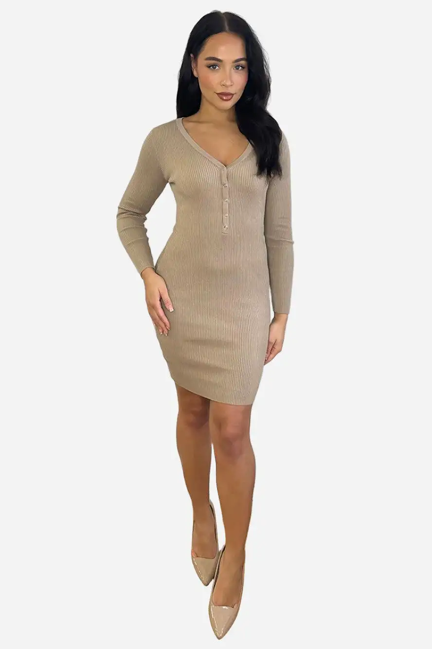 Buttoned Neckline Knitted Mini Dress