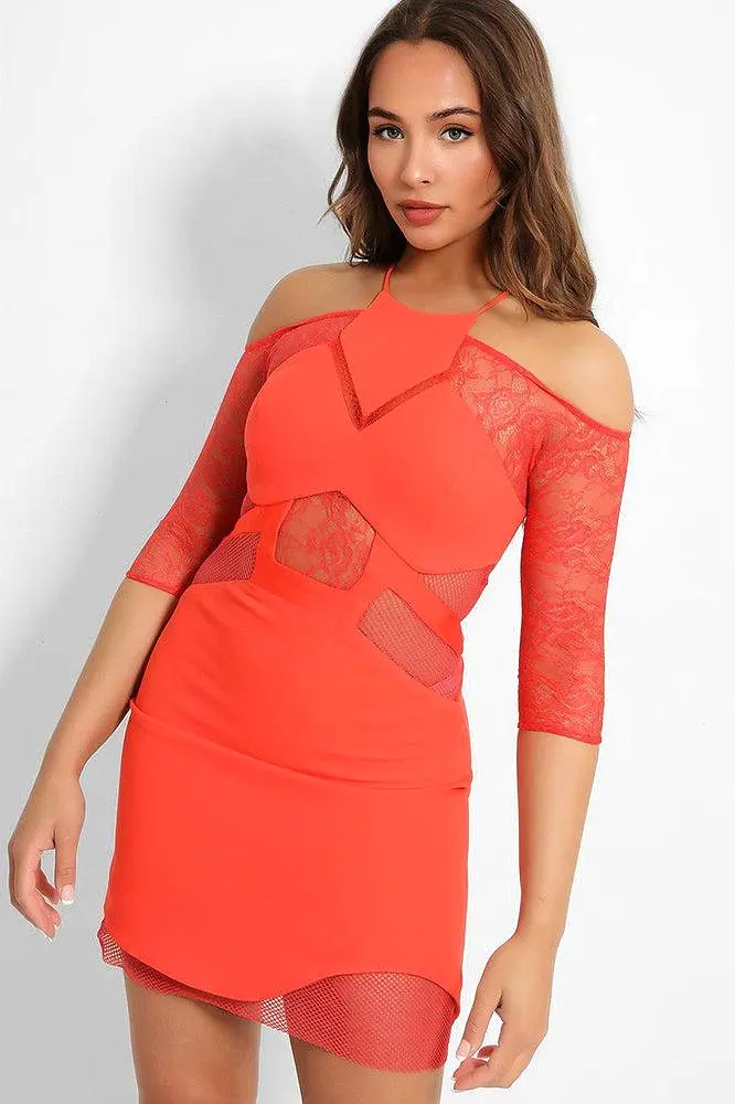 Coral Sheer Mesh Details Bodycon Dress