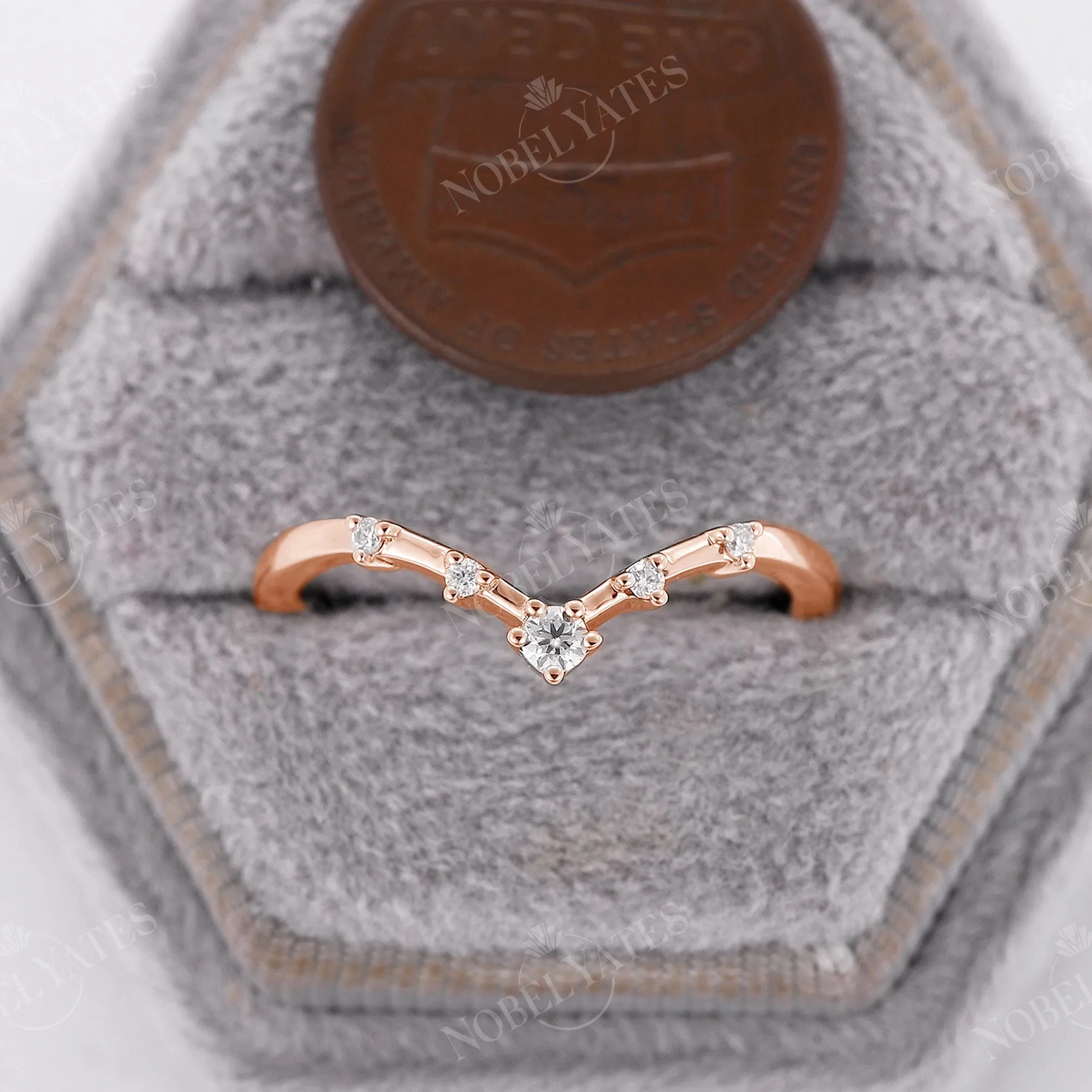 Dainty Round Diamond Curved Wedding Band Rose Gold