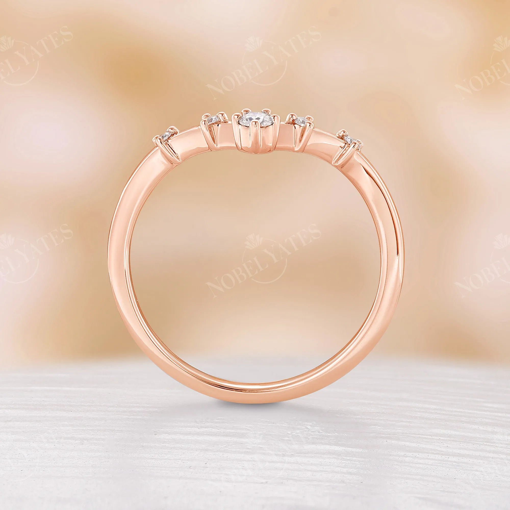 Dainty Round Diamond Curved Wedding Band Rose Gold