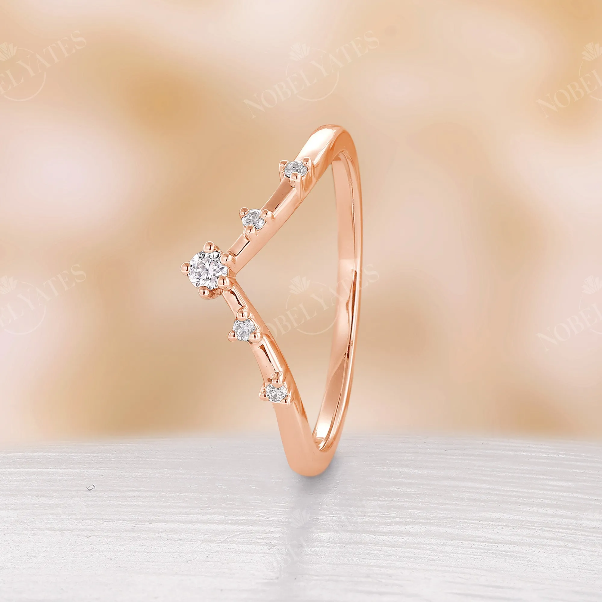 Dainty Round Diamond Curved Wedding Band Rose Gold