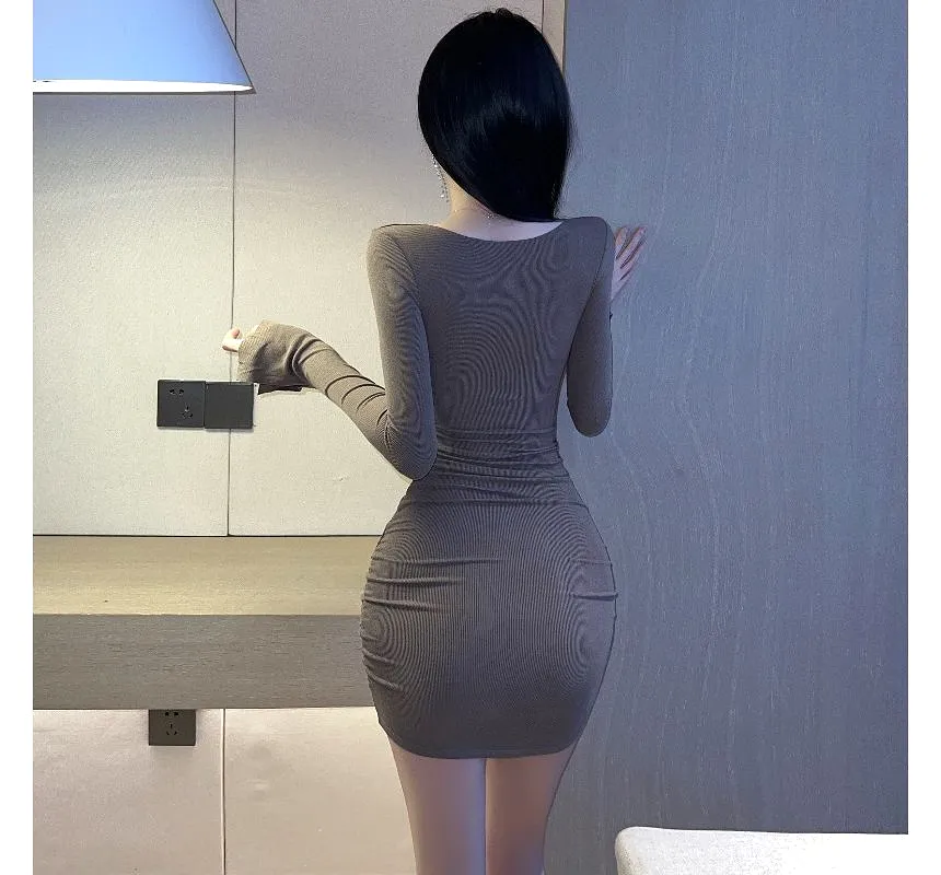 Long-Sleeve Scoop Neck Plain Mini Bodycon Knit Dress aa36