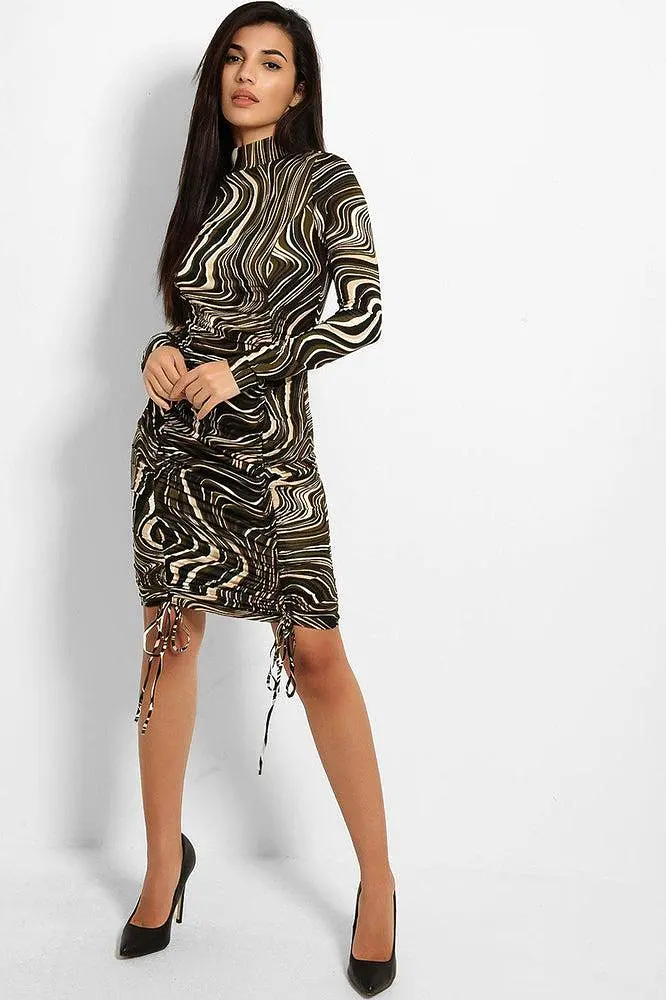 Marbling Print Drawstring Front Slinky Bodycon Dress