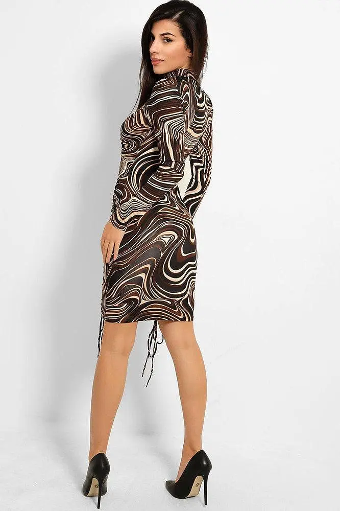 Marbling Print Drawstring Front Slinky Bodycon Dress