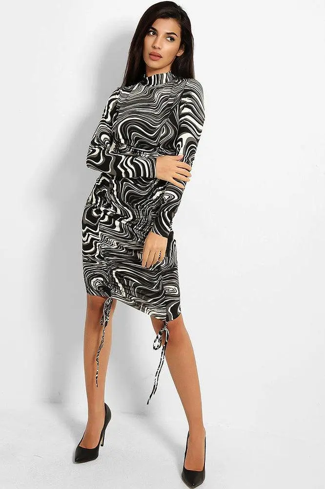 Marbling Print Drawstring Front Slinky Bodycon Dress