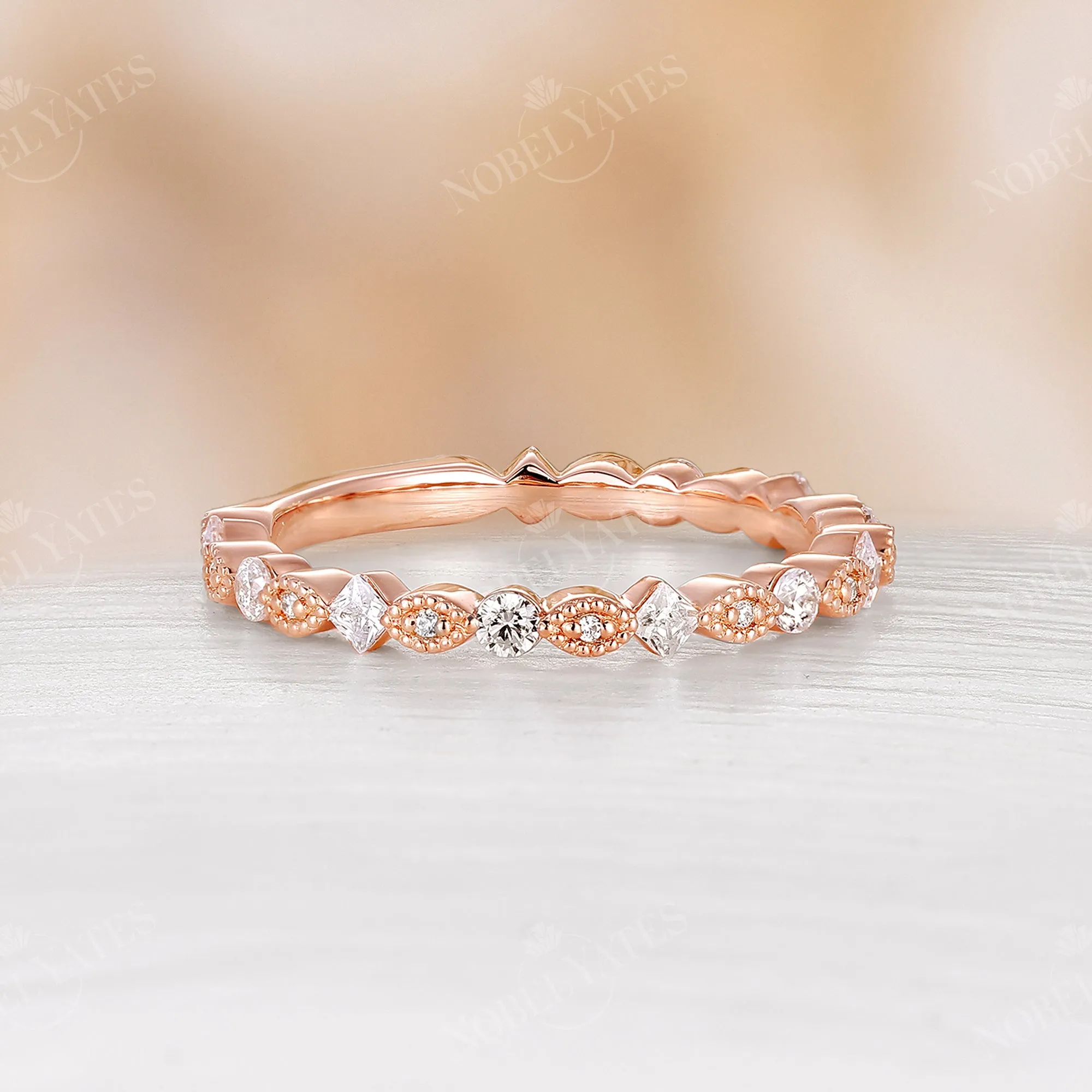 Milgrain Dainty Princess Diamond Wedding Band Half Eternity