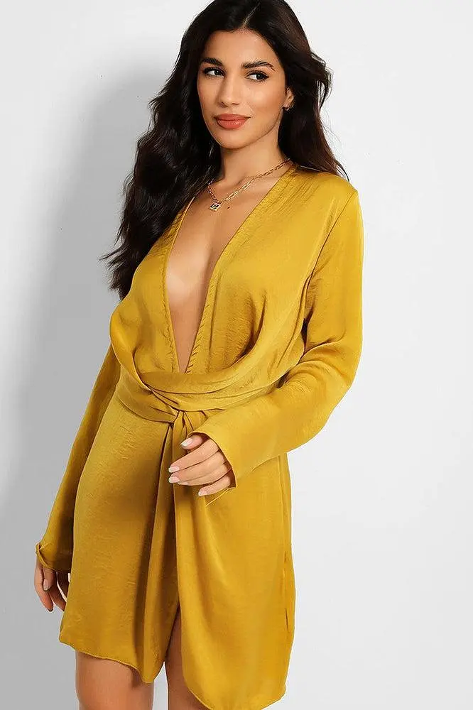 Mustard Crushed Satin Plunge Neckline Twist Front Mini Dress