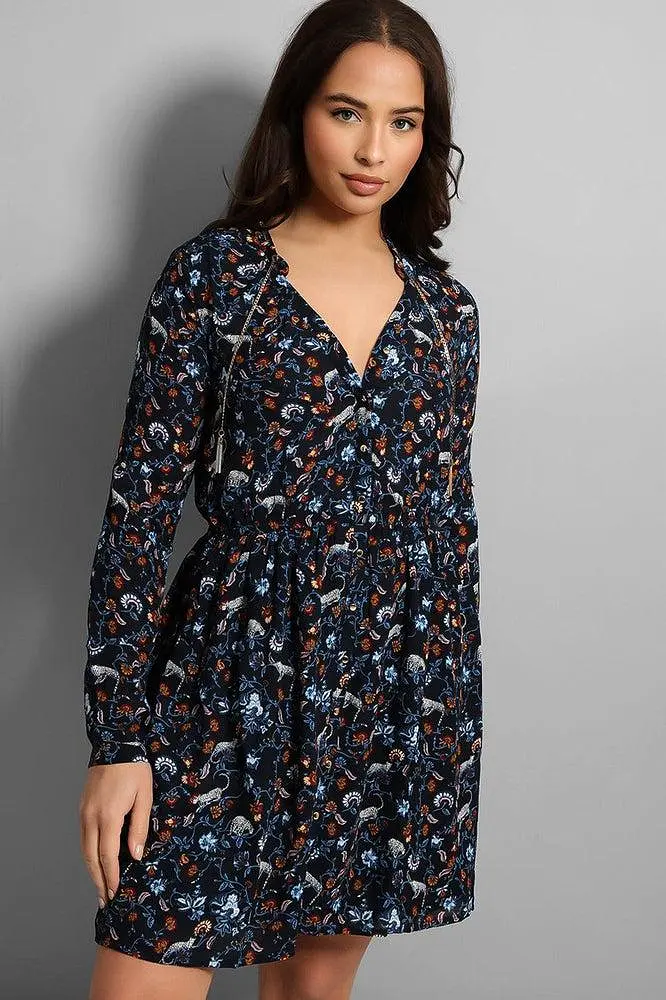 Navy Paisley Print Chain Detail Dress