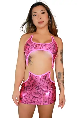 Neon Pink Money Print Mini Dress.