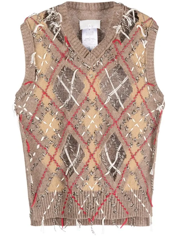 V-Neck Kint Vest - Walnut/Beige/Grey