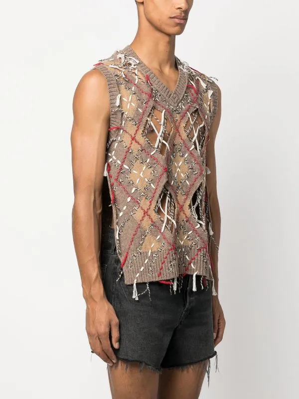 V-Neck Kint Vest - Walnut/Beige/Grey