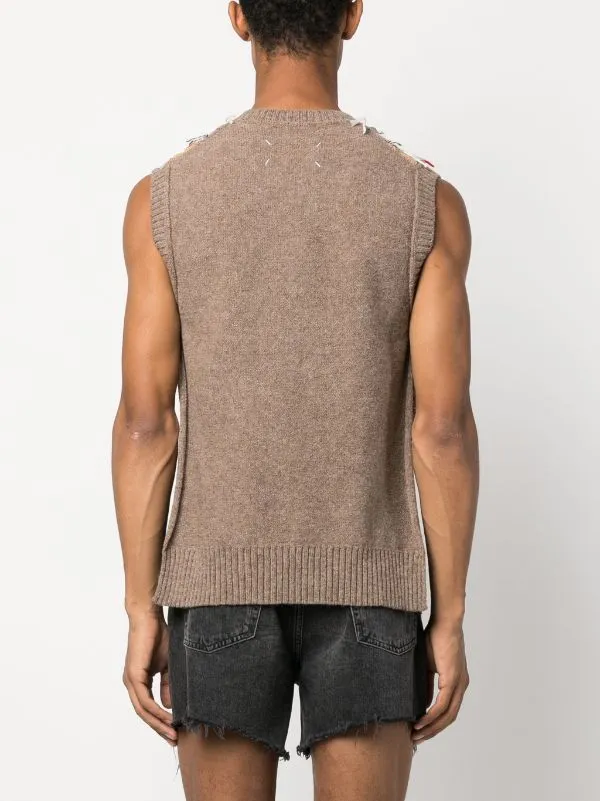 V-Neck Kint Vest - Walnut/Beige/Grey