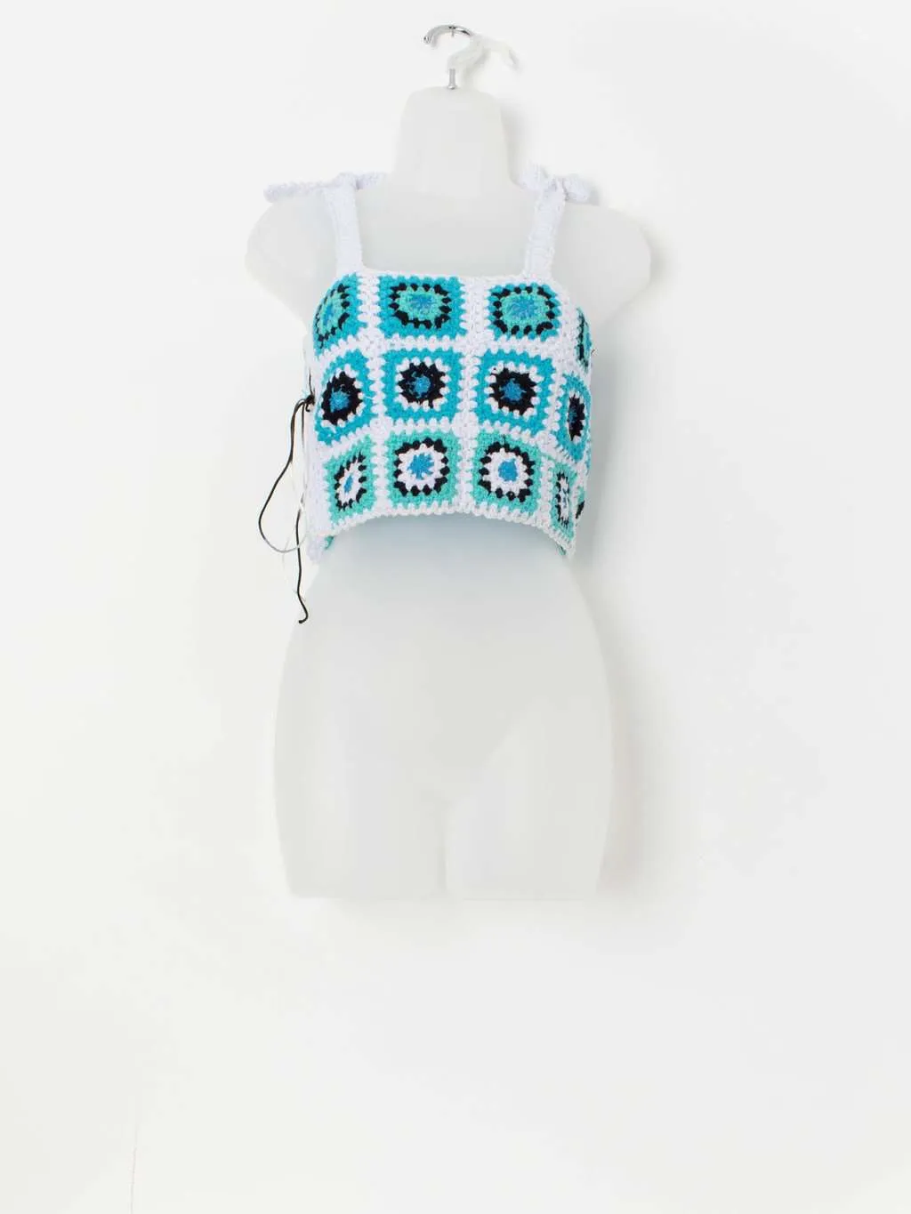 Vintage crochet vest top in blue and white – XS