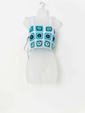 Vintage crochet vest top in blue and white – XS