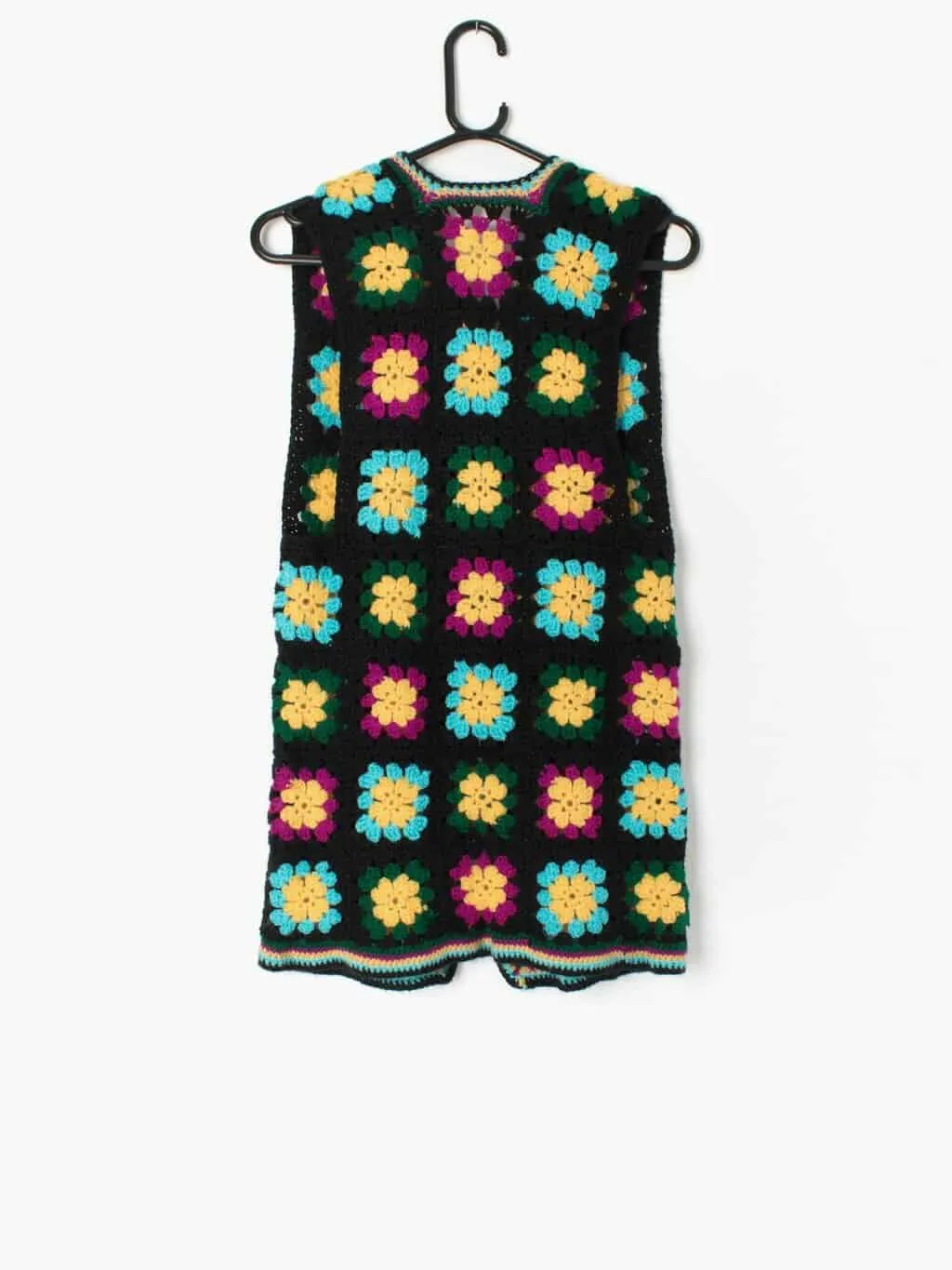 Vintage longline crochet vest waistcoat floral yellow purple blue hippy vibes 1970s – XS / Small