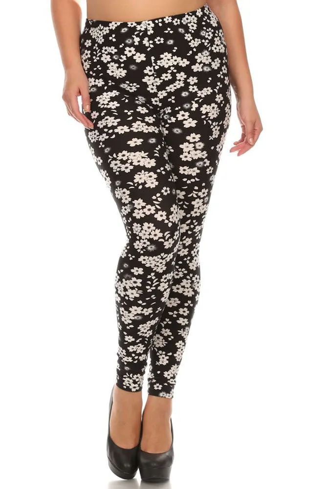 Women's Plus Little Flower Pattern Print Leggings - Black White