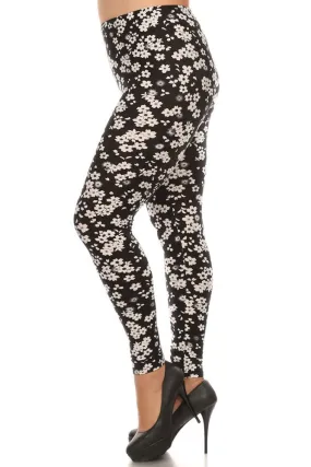 Women's Plus Little Flower Pattern Print Leggings - Black White