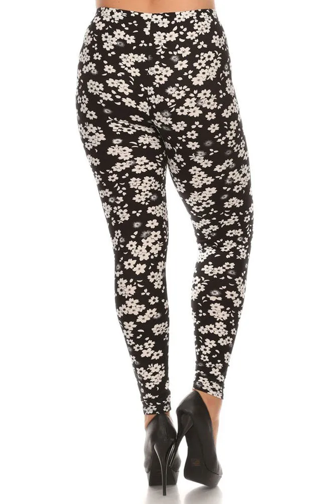 Women's Plus Little Flower Pattern Print Leggings - Black White